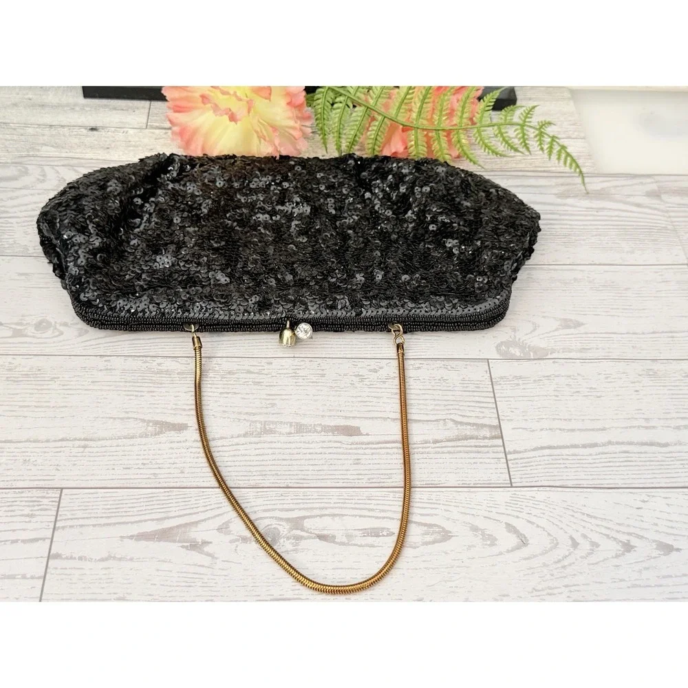 Vtg Magid Black Beaded Clutch Evening Purse Bag Made in Japan With 2 Side Mirror